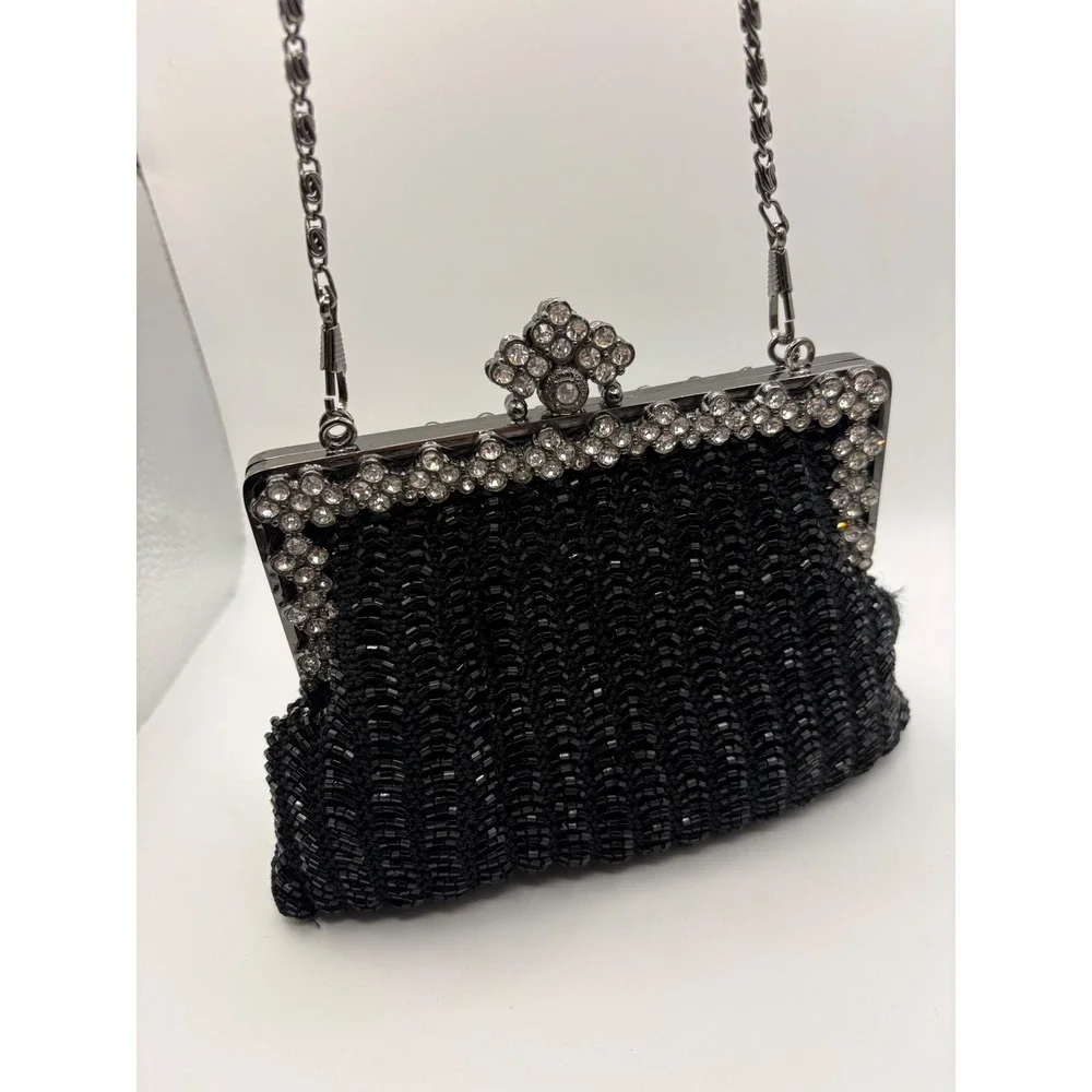 Vtg Black Beaded Evening Bag Rhinestone Frame Kiss Lock Clutch Gunmetal‎ Chain